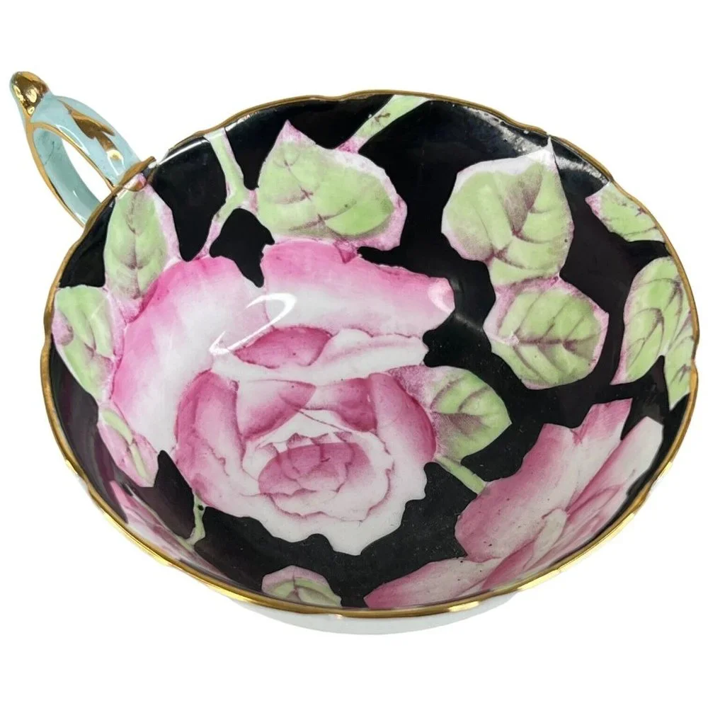 Paragon Tea Cup Pink Cabbage‎ Rose Black Blue Double Warrant Display Only FLAWS